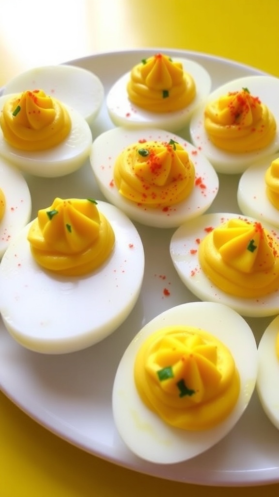 A platter of deviled eggs garnished with paprika and herbs, perfect for a healthy appetizer.
